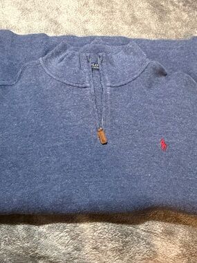 Ralph Lauren Men's Blue Half-Zip Sweater with Red Pony